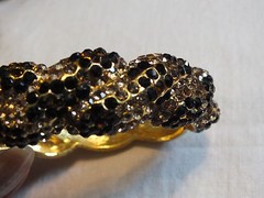 Collectible Clamp Clasp Bracelet Gold Tone Black Amber Rhinestones 7/8 Inch Wide