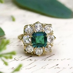 Art Deco Asscher Cut Emerald & Lab Created Diamond Wedding 14K Gold Finish Ring