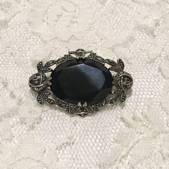 Vintage Sterling Silver Black Onyx Brooch Victorian Revival Romantic Germany