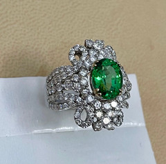 4.00CT Green Oval Tsavorite & Lab-Created 2.91CT Diamond Floral Design Fine Ring