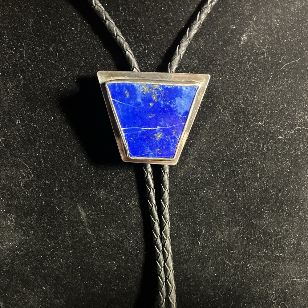 Signed Vintage Sterling 925 Lapis Lazuli Bolo Tie Black Braided w SS tips 50 gra