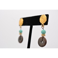 Vintage Dangle Earrings Turquoise Blue Beaded Brushed Gold Matte 1980s BinAZ