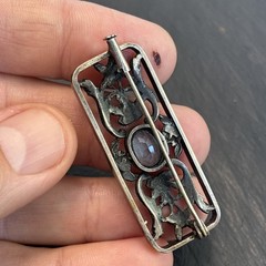 Stunning Antique Blue Glass Trombone Clasp Brooch Sterling Silver L2