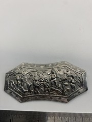 Vintage Silver Tone Scenic Brooch Pin Asian Figures Garden Floral Landscape 3 In