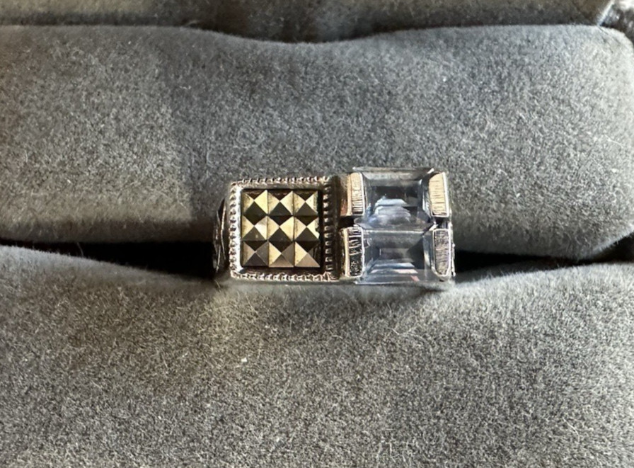 Vintage Artisan Sterling Silver Blue Topaz Baguette Marcasite Ring Sz 5.5
