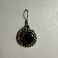 Vintage Nickel Silver Black Onyx?? Stone Dangle Dangling Hook Earrings