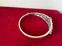 RARE NATURAL TANZANITE DIAMOND FLOWER STERLING 7 1/2” BANGLE BRACELET NEW