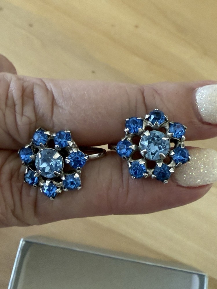 Vintage Blue Rhinestone Twist Clip On Earrings Pair Fast Shipping