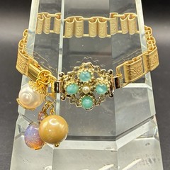 Vintage Faux Opal, Flower Panel, Japan Glass,onNew Victorian Book Chain Bracelet