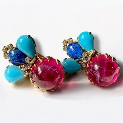 Scaasi Earrings Signed Poured Glass Clip On Pink Turquoise Vintage Statement
