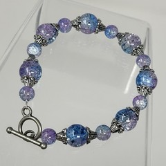 Purple Blue Crackle Glass Bead Bracelet Silver Filigree Caps Handmade 9”