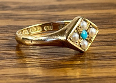 1873 Victorian Turquoise Seed Pearl 15k Gold Ring Birmingham Size 6.5+/- not 14k