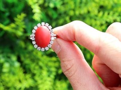 7.36 Ct Red Coral 0.80 Ct Diamond 18k White Gold Cocktail Ring Circa 1970