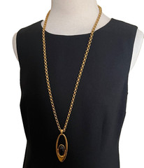 Monet Pendant Necklace Gold Tone Black Rolo Belcher Chain 33″ Signed Vintage