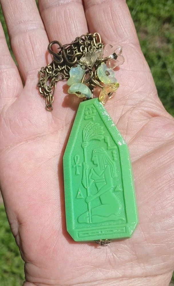 SALE! VINTAGE EGYPTIAN REVIVAL GLASS PENDANT URANIUM FLOWER NECKLACE ARTISAN