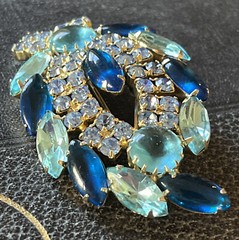 Vintage Blue Glass Cabochon Rhinestone Open Back Gold Tone Brooch Pin Estate