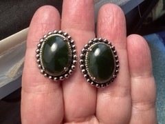 Vintage Sterling Silver Green Onyx Pebbled Screw Back Signed JJJ Earrings