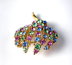 Vintage Pastel Rhinestone Palm Frond Brooch Pink Blue Green Leaf Pin
