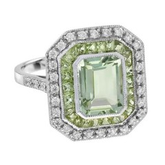 Art Deco Style Lab Created Diamond Green Amethyst Peridot 14K White Gold FN Ring