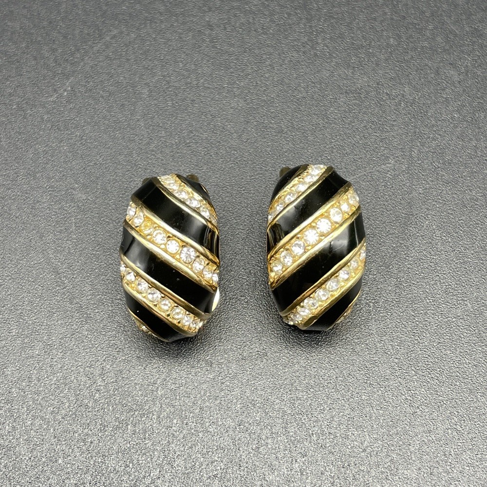 Vtg Christian Dior Black Enamel Crystal Pave Clip Earrings Gold Tone Swirl 80’s
