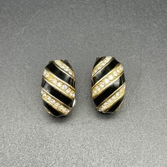 Vtg Christian Dior Black Enamel Crystal Pave Clip Earrings Gold Tone Swirl 80’s