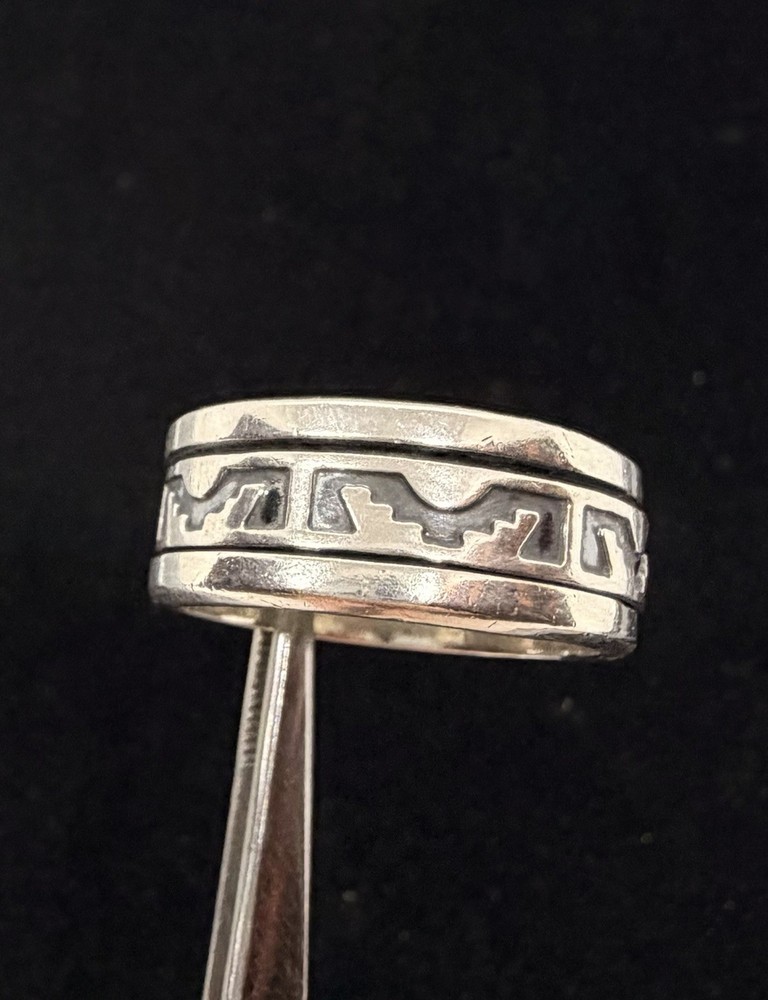 Big Vintage Mexico Sterling Silver 925 Tribal Pattern Spinner Ring Size 11.75