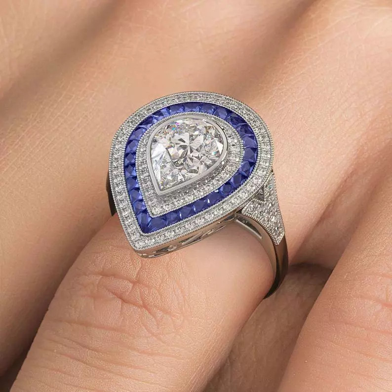 3.51CT White & Blue Simulated Sapphire Triple Halo Style Women Engagement Ring