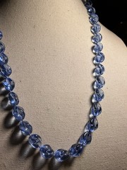 RARE ART DECO CZECH PRESSED GLASS BEAD NECKLACE C.1920 26” BLUE SWIRL