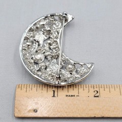Vintage Crescent Moon Brooch Blue Green Rhinestone Silver tone 2″