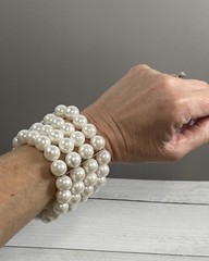 Vintage Multi Strand Faux Pearl Stretch Bracelet White Beaded Cuff Statement