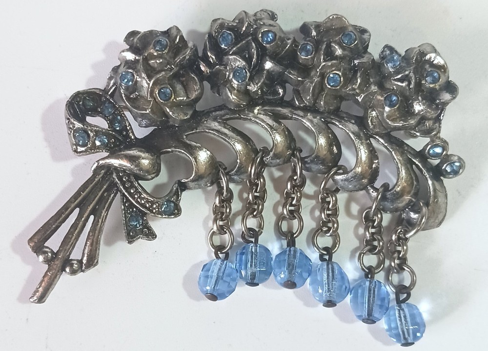 Vintage Pot Metal Floral Spray Brooch w/ Blue Rhinestones & Blue Dangling Beads