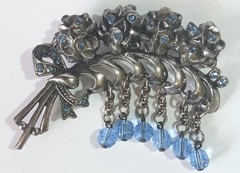 Vintage Pot Metal Floral Spray Brooch w/ Blue Rhinestones & Blue Dangling Beads