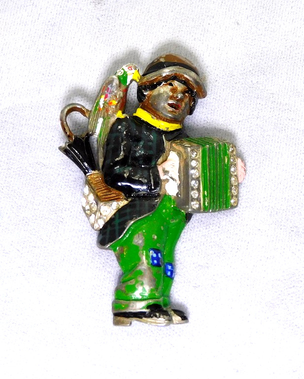 Vintage 1930’s Organ Grinder Enamel Pot Metal Rhinestone Brooch Parrot Umbrella