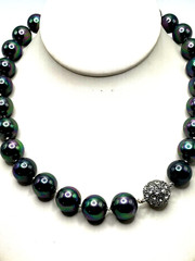 Black Tahitian Glass Pearl 13mm Iridescent Peacock Crystal Fireball Necklace VTG