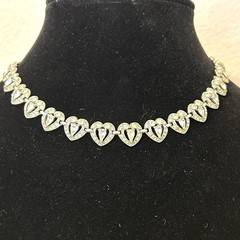 Vintage BOGOFF Heart Rhinestone Necklace Rhodium Plated Art Deco Style 15.5”