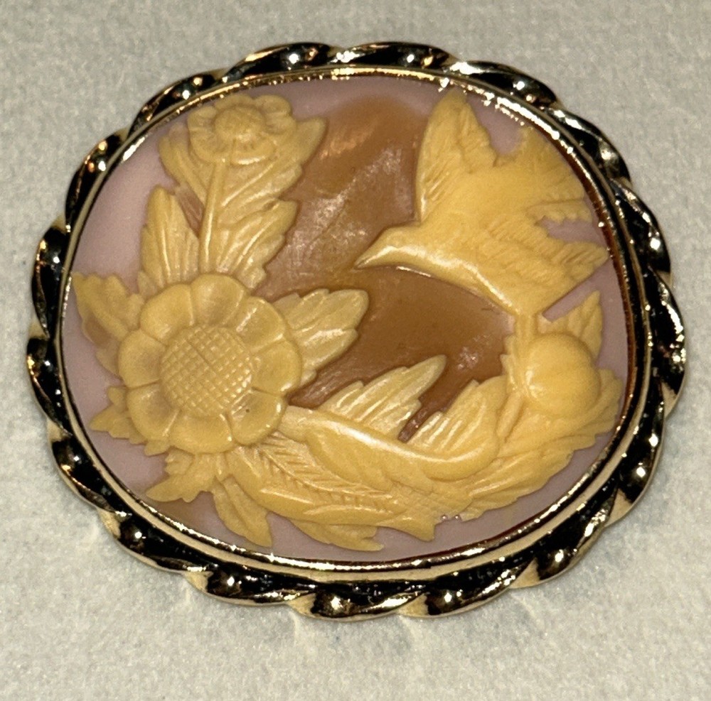 Vintage Italian Style Cameo Brooch Bird Flower Molded Art Resin 1.75” Pink 30g