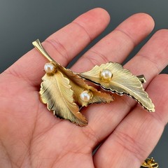 Vintage to Now Brooch Lot Gold Tone Faux Pearl Leaf Textured Brushed 1 Signed