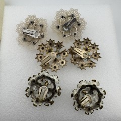 Vtg LOT 3 pr Earrings Clip On Rhinestone Pastel Flower Floral Enamel Plastic