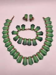 Vintage Signed Matisse Shades Of Green Speckled Enamel On Copper Set