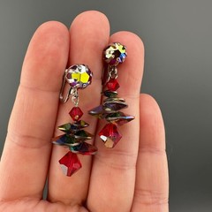 Vintage AB Rhinestone Disco Earrings Dangle Drop Multicolor Discs Clip On Galaxy