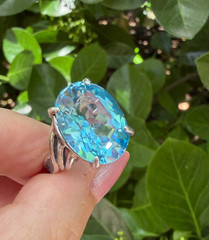 VINTAGE LARGE OVAL CUT BLUE TOPAZ SOLITAIRE RING 925 STERLING SILVER STATEMENT