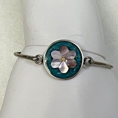 Vintage Dainty Mother of Pearl Flower Bangle Bracelet signed Alpaca