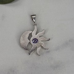 Vintage Mexico Sterling Silver Sun & Crescent Moon Eclipse Pendant Purple Stone