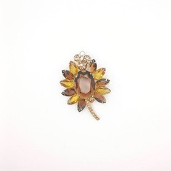 Vintage Gold Tone Smoky Quartz Brown Rhinestone Navette Flower Brooch Pin