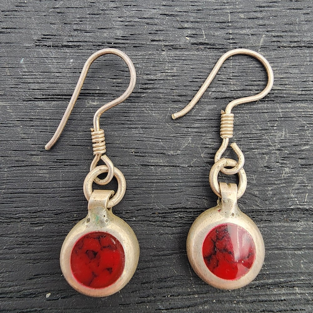 VTG 925 Mexico Sterling Silver Red Jasper Inlay Circle Dangle Drop Earrings 5g
