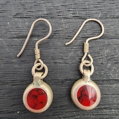 VTG 925 Mexico Sterling Silver Red Jasper Inlay Circle Dangle Drop Earrings 5g
