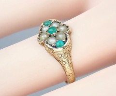 Pretty Antique Victorian 15K Gold Turquoise Pearl Floral Engraved Ring 1869 5.75