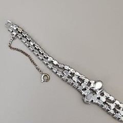 Vintage Rhinestone Bracelet Blue Clear Tapered Silver Tone Safety Chain 6.5″
