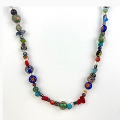 Vintage Glass Beaded Necklace Colorful Natural Stone Chips Artisan Boho Chic