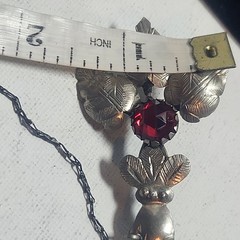 Antique Articulated Koi Fish Chatelaine Pin Red Glass Flower Hand Silver Tone